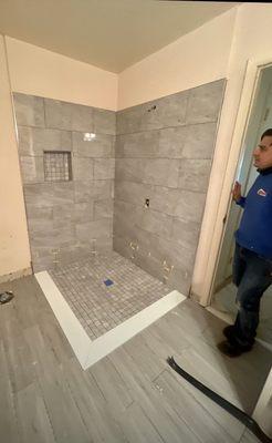 Custom ADA compliant threshold zero tolerance walk in shower we purchased all products from Floor Decor