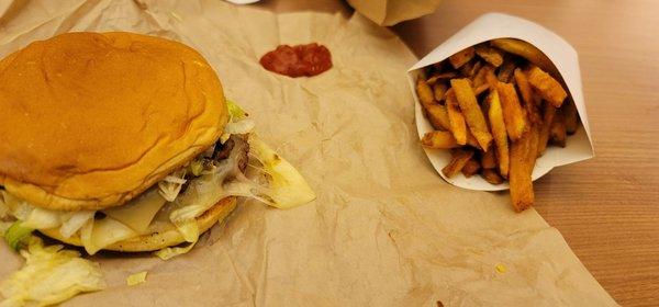 Double smash burger with pepper jack cheese. The food is great, not your typical burger place you can actually taste the other ingredients.