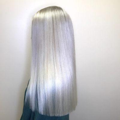 Icey blonde with dimension. Full heavy foil, toner, olaplex, and cut