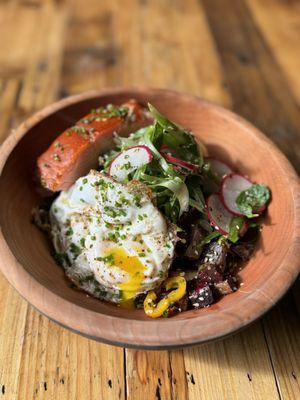 The Harvest Vegetable bowl with purple sweet potato, cashew yogurt, radish, shiitake salad + add-on of a fried egg & honey smoked salmon.