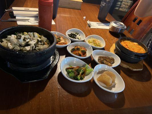 Vegan Bibimbap and tofu soup with banchan