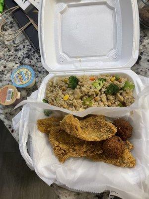 Whiting fish, hush puppies and ch fried rice