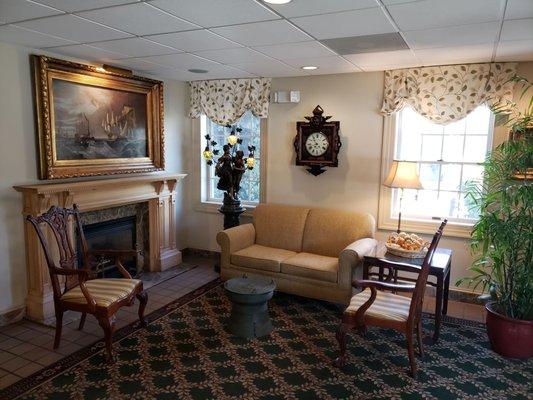 Fireplace in lobby sitting area