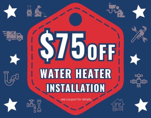 $75 Off Water Heater  Discount - Fraser Plumbing of San Diego