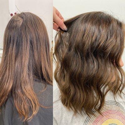 Before & After with a root touch up, glaze, and a a cut. approx. 2.5-3 hours & $175-$210