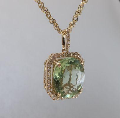 Ladies Halo Design Tourmaline and Diamond Pendent in 14karat Yellow Gold. 5.00ct tw