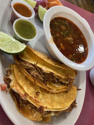 Two of the birria tacos with with soup $10.50