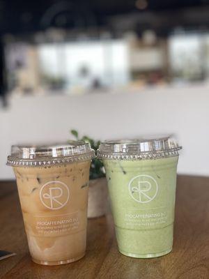 Vanilla oat latte and blueberry oat matcha latte