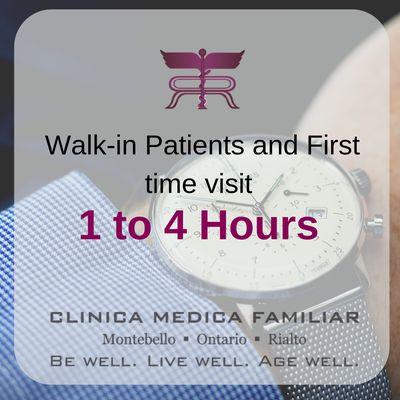 Walk-in patients and first time visit waiting time is approximately 1 to 4 hours.