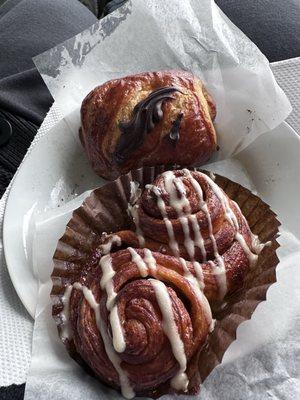 Chocolate croissant and cinnamon roll.