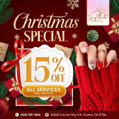 CHRISTMAS SPECIAL 
15% OFF All Services until 12/25

'Tis the season for pampering!  Treat yourself to a little holiday luxury wi