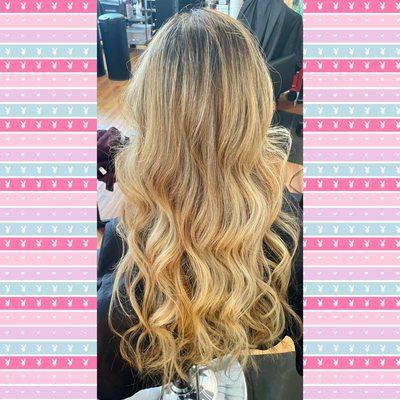 Golden blonde balayage on naturally black Asian hair