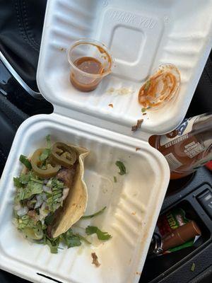 3 tacos, two pork/carnitas & 1 steak