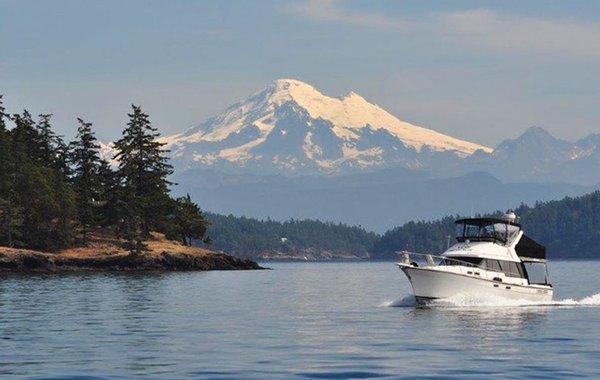 Cruising the San Juan Islands with Mount Baker in background.