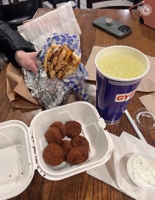 Falafel, Chicken Sandwich, French Fries, lemonade