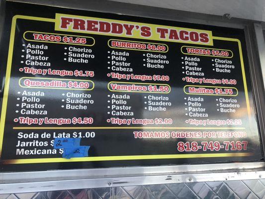 Freddy's tacos full menu.