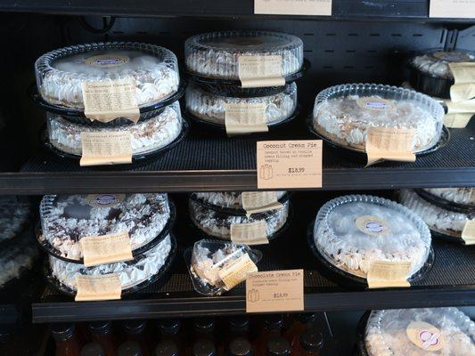 Ready-to-go cream pies on display.