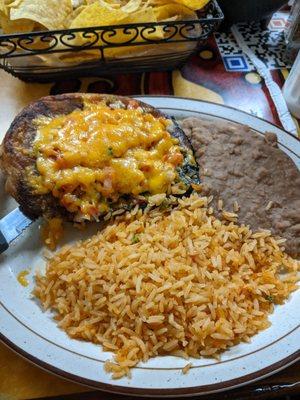 Chili Relleno with rice and beans, delicious!