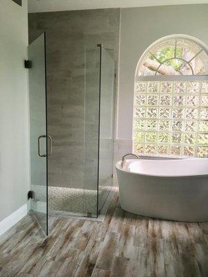 Complete Bathroom Redesign: Flooring, Tub, Shower, Tile, Glass Shower Enclosure