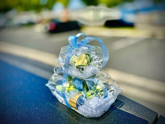 Magnet boutonnière and Slap Bracelet corsage for our anniversary. Thanks, Denise!