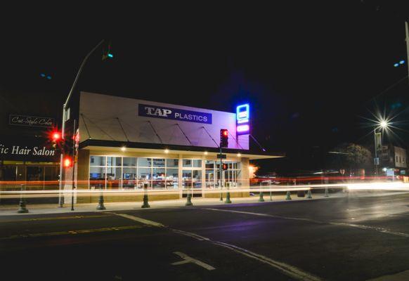 TAP Stockton store at night.