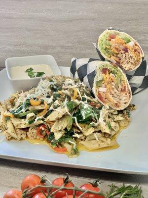 Posten wrap combo featuring jerk, chicken wrap and Rasta pasta