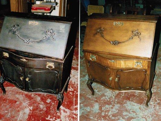 Stripped and refinished drop front desk that came over on the Queen Mary