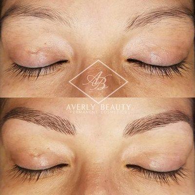 Microbladed brows, before and after, immediately after first session