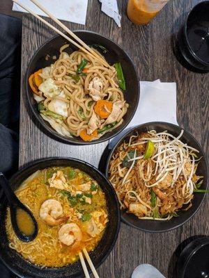 Garlic chicken udon, spicy basil pad Thai, Thai chicken noodle with shrimp ramen noodle