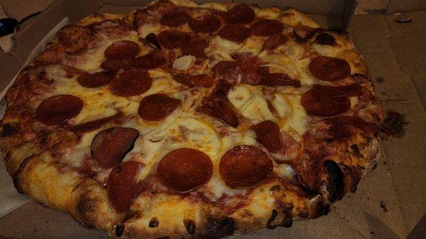 Pepperoni and onion pizza