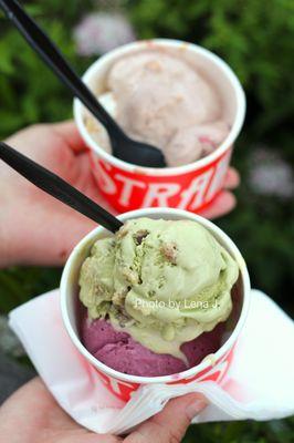 Single split scoops ($6.45 each) - Pistachio Rose Water w/ Strawberry Mochi and Marionberry Coconut Sherbet in front