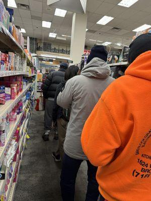 The line at the pharmacy with a minimum wait of 25-30 minutes.