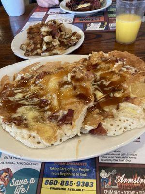 Bacon, apple pancakes with homemade caramel sauce and homemade bourbon maple syrup