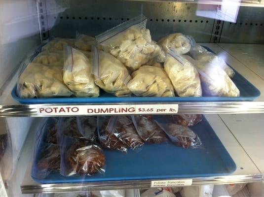 Large freezers full of a huge assortment of frozen dumplings, pierogi, soups, and dinners. Everything made freshly on site.