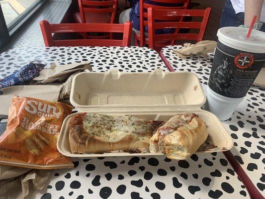 Large Firehouse Meatball Sub, Sun chips and a large Coke