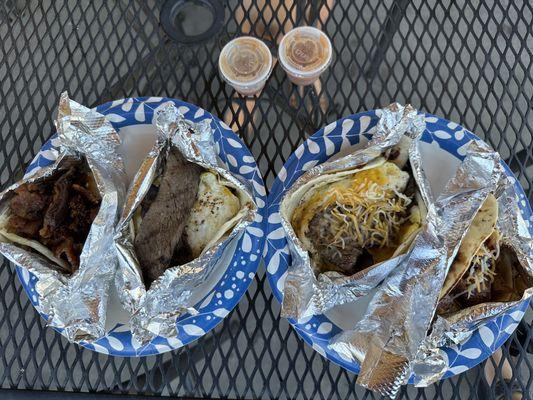 Tex-Mex (left) and Steak & Eggs (right) breakfast tacos without cheese.