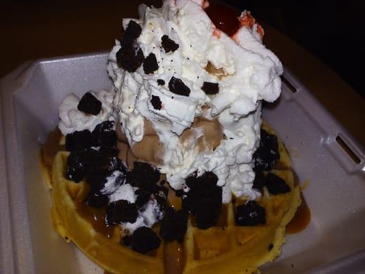 Waffle Sundae with Brownie Bites and Chocolate Ice Cream.