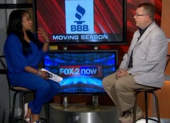 BBB's Chris Thetford, right, talks with Elliot Weiler on Fox 2 News