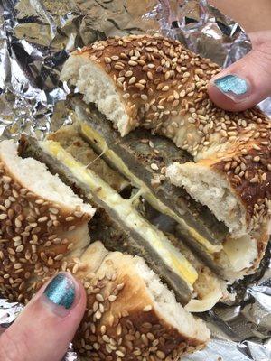 Turkey Sausage Egg and Cheese on Sesame Bagel