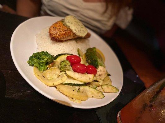 Baked Salmon with Jasmine rice and seasonal vegetables