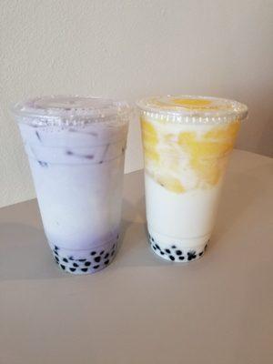 L to R: Ube milk with boba and mango milk with boba