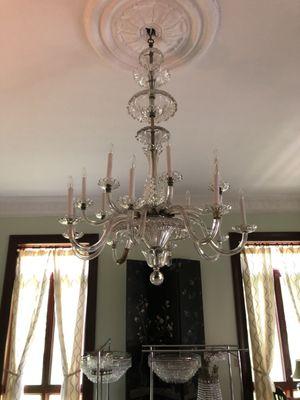 Circa 1860 12 arm crystal chandelier, Newport, Rhode Island.  Cleaned, rewired and installed to home owners spefifications.