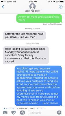 Text messages from this business to cancel my appointment last minute