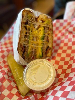 California Deluxe Burger (sourdough bun with bacon and avocado)