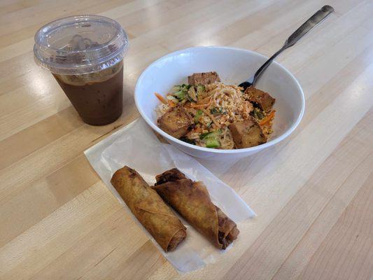 peanut bowl and vietnamese iced coffee with taro egg rolls