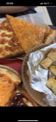 Garlic knots, Buffalo chicken pizza BBQ chicken pizza and plain Regular slice