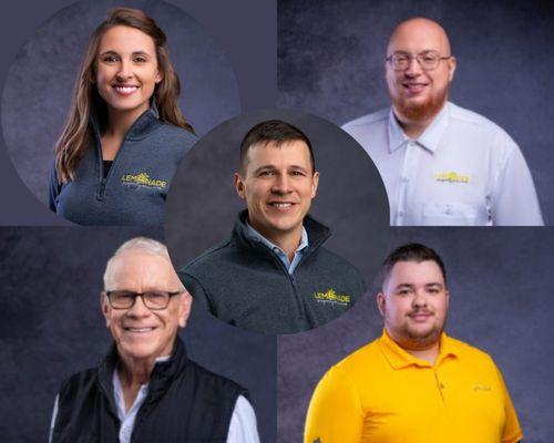 Our pest control team. Clockwise from top left: Kayla, David, Geoff, Bill, with Tom in the center.