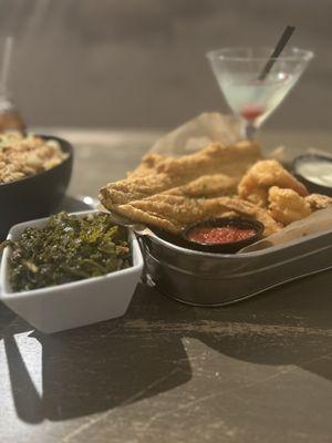 Sautéed kale with fried trout