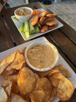 Buffalo chicken dip and hummus dip