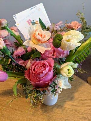 Sweetheart Arrangement, $65. Roses, ranunculus, hellebores, sweet peas, ferns in shades of pink, blush, cream. Plus $20 delivery, $6.83 tax.